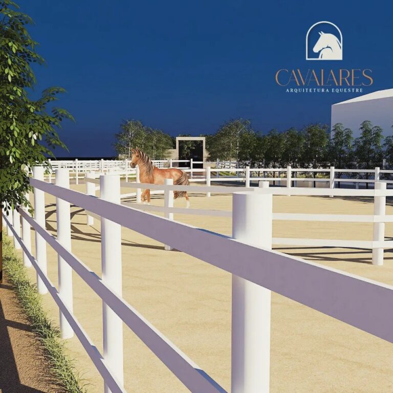 Projeto de picadeiro com cerca branca da Cavalares Arquitetura Equestre