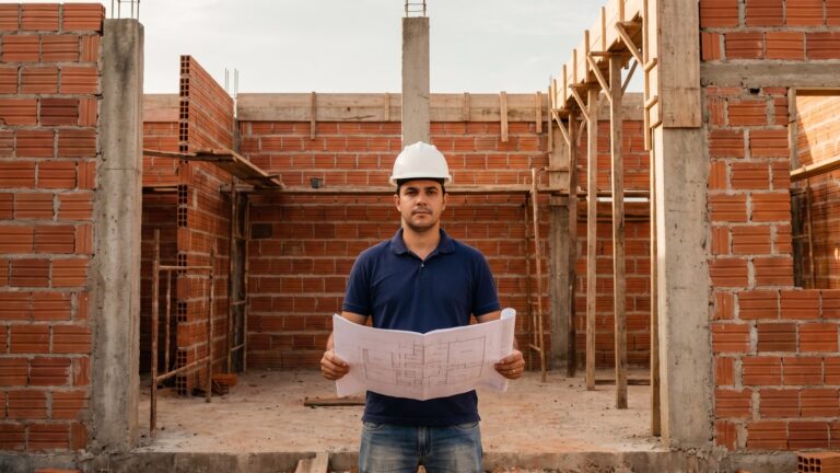 Engenheiro civil conferindo a planta de uma obra residencial em construção