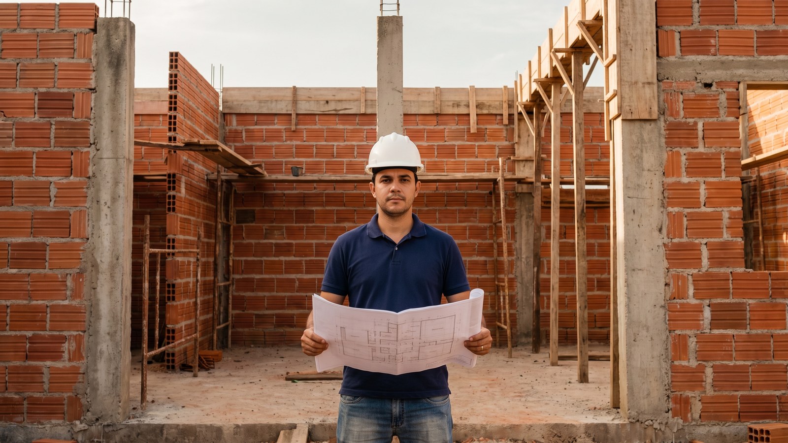 Engenheiro civil conferindo a planta de uma obra residencial em construção