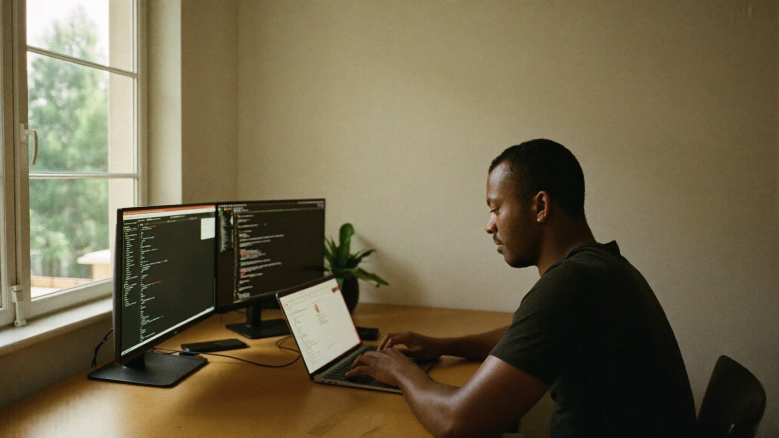 Desenvolvedor programando um sistema em dois monitores, no escritório