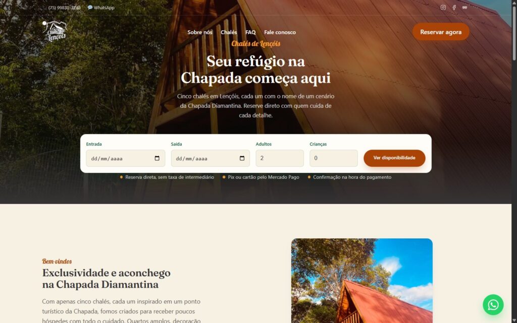 Site dos Chalés de Lençóis, com reserva pelo próprio site, feito pela Valoar