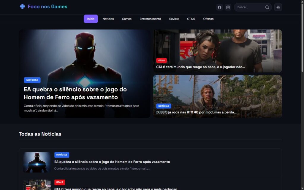 Portal de notícias e reviews Foco nos Games, feito pela Valoar