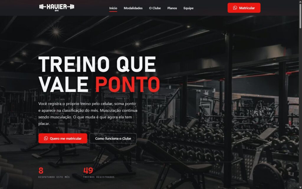 Site da academia Xavier Gym, com área de clube, feito pela Valoar