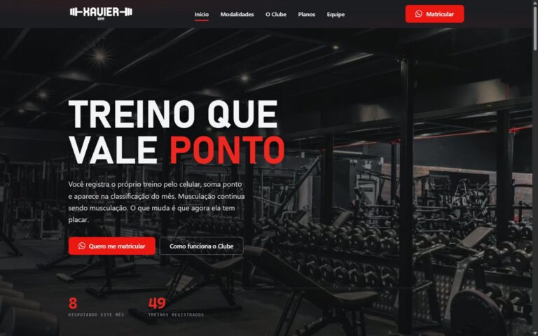 Site da academia Xavier Gym, com área de clube, feito pela Valoar