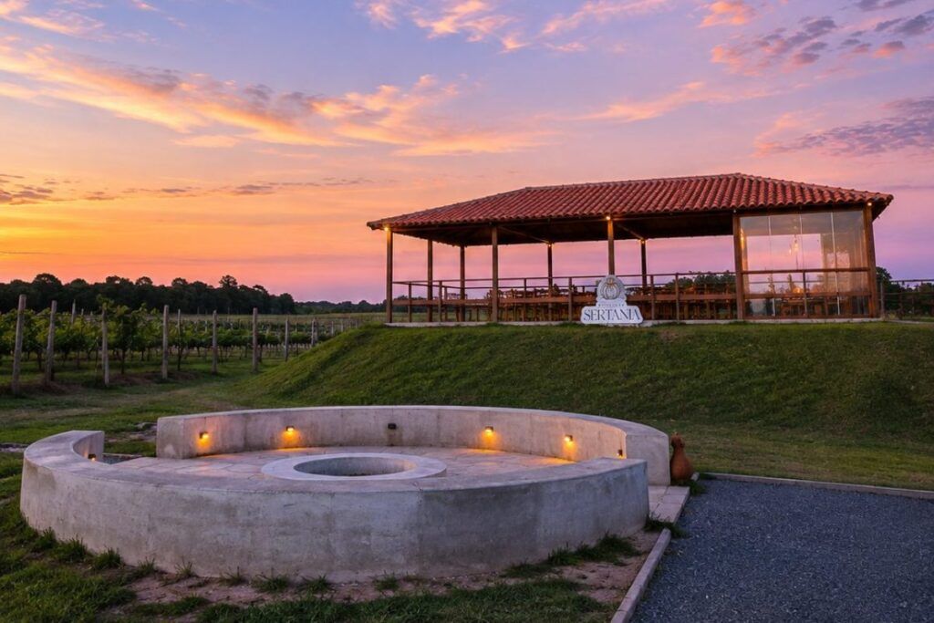 Pavilhão e área externa da Vinícola Sertania ao entardecer, com o vinhedo ao lado