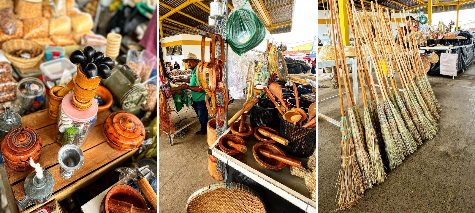 Artesanato na feira de Morro do Chapéu: peças de madeira, utensílios e vassouras de palha