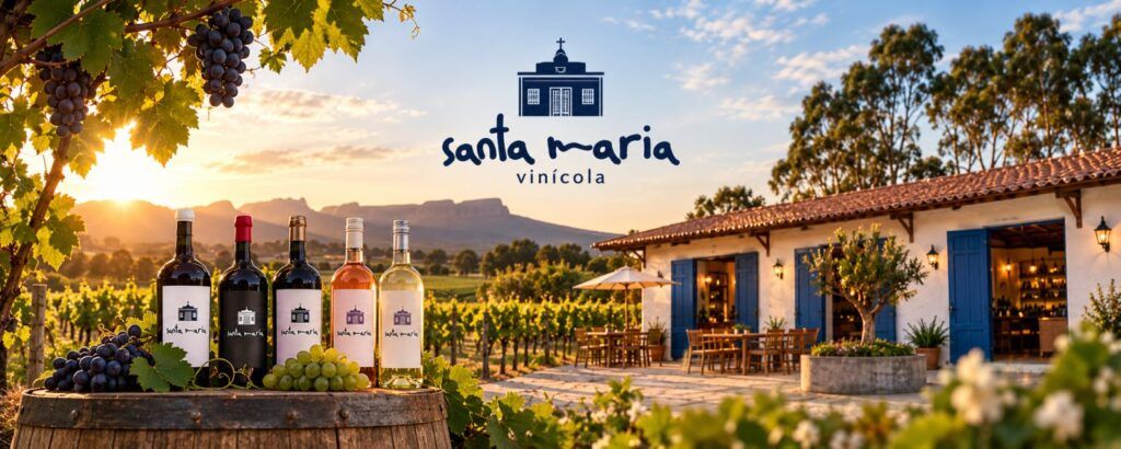 Garrafas da Vinícola Santa Maria diante da sede, com o vinhedo e o logo da vinícola