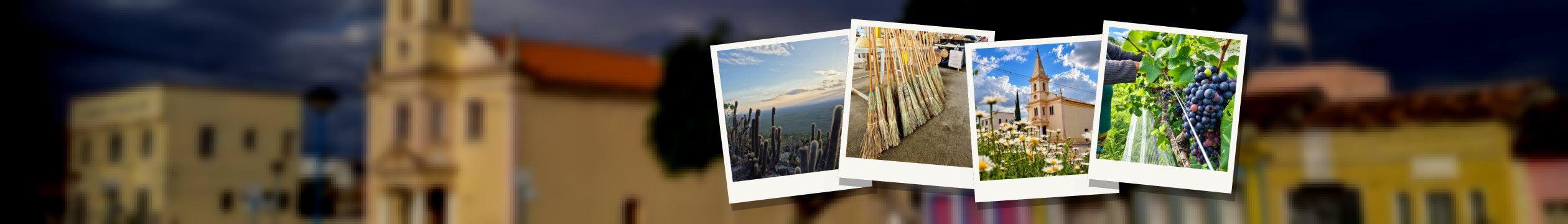 Fotos de Morro do Chapéu em moldura de polaroide — o alto do Morrão, vassouras na feira, a Igreja Matriz e a colheita de uva — sobre a praça da Matriz