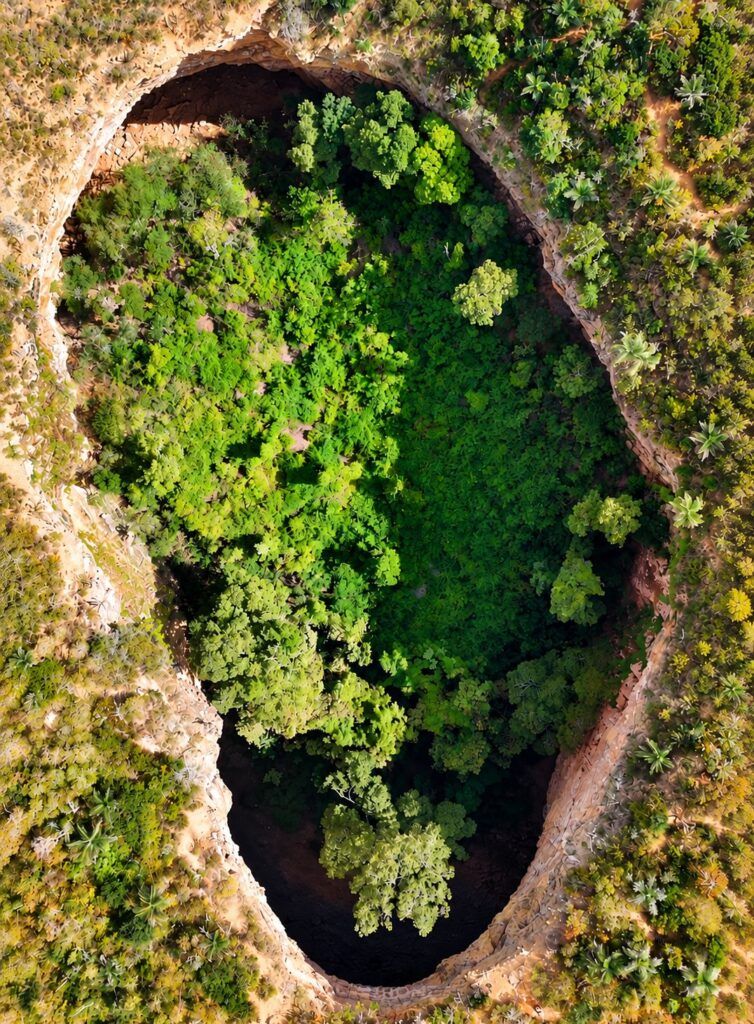 Vista aérea do Buraco do Possidônio, com mata densa no fundo da dolina, em Morro do Chapéu