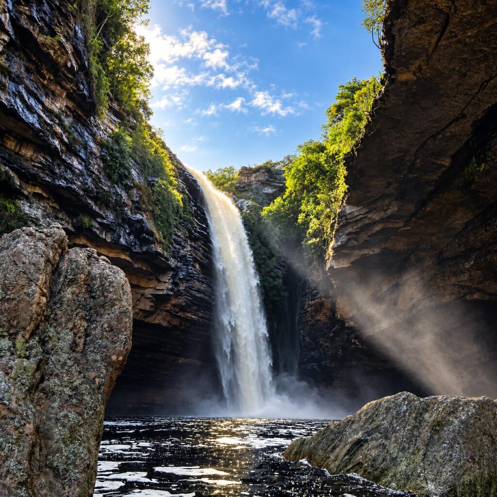 Cachoeira do Agreste em Morro do Chapéu caindo entre paredões de arenito, com poço de pedras no pé da queda