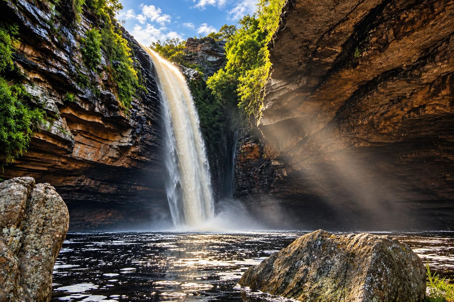 Cachoeira do Agreste em Morro do Chapéu vista do poço, com a queda entre os paredões e raios de sol na névoa