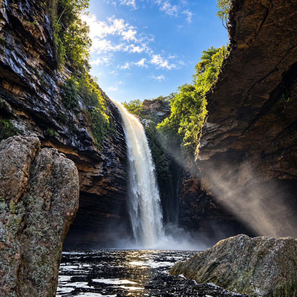 Cachoeira do Agreste em Morro do Chapéu caindo entre paredões de arenito, com poço de pedras no pé da queda