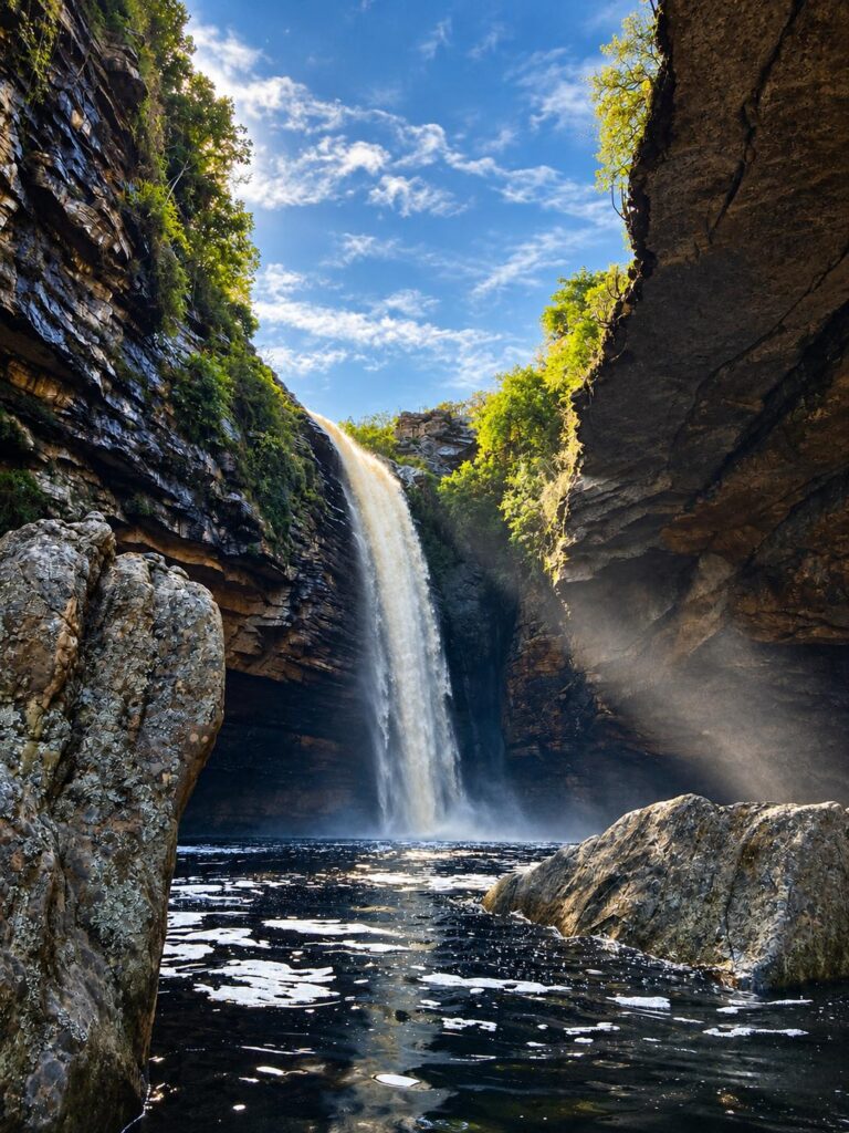 Paredão de arenito em camadas ao lado da queda da Cachoeira do Agreste, com vegetação nas fendas