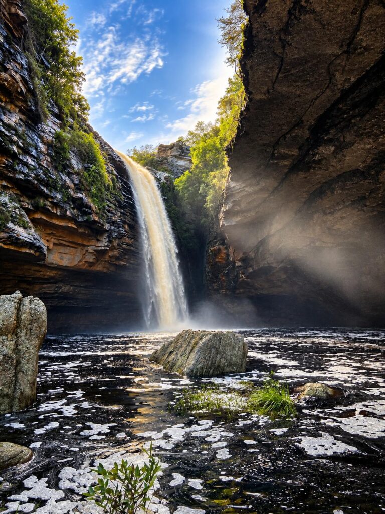 Poço de água da Cachoeira do Agreste cercado de pedras, com a queda ao fundo