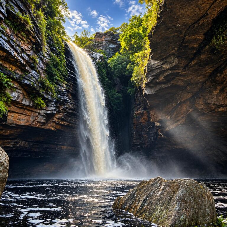 Queda da Cachoeira do Agreste vista de frente, com a água descendo o paredão até um poço escuro