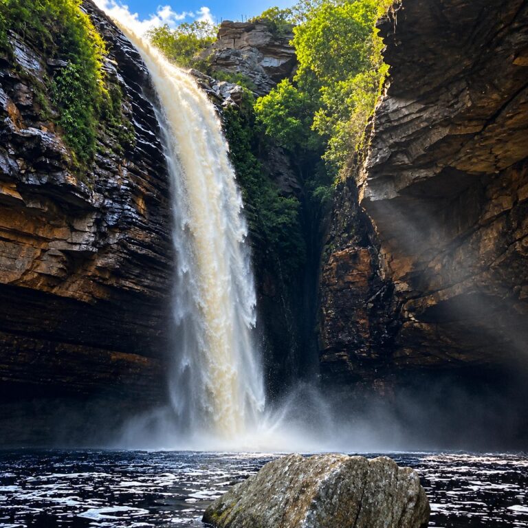 Cachoeira do Agreste vista da base da queda, com o sol entrando pela abertura do cânion