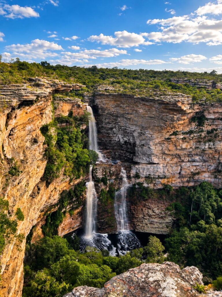 Cachoeira do Ferro Doido no meio do cânion de paredes vermelhas, sob céu azul com nuvens