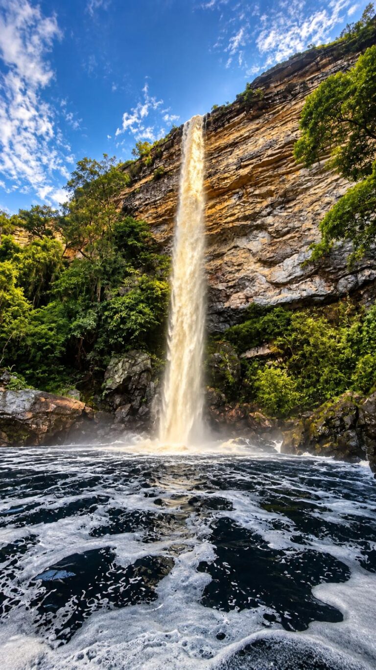 Poço de água escura no pé da Cachoeira do Ventura, cercado de pedras escuras