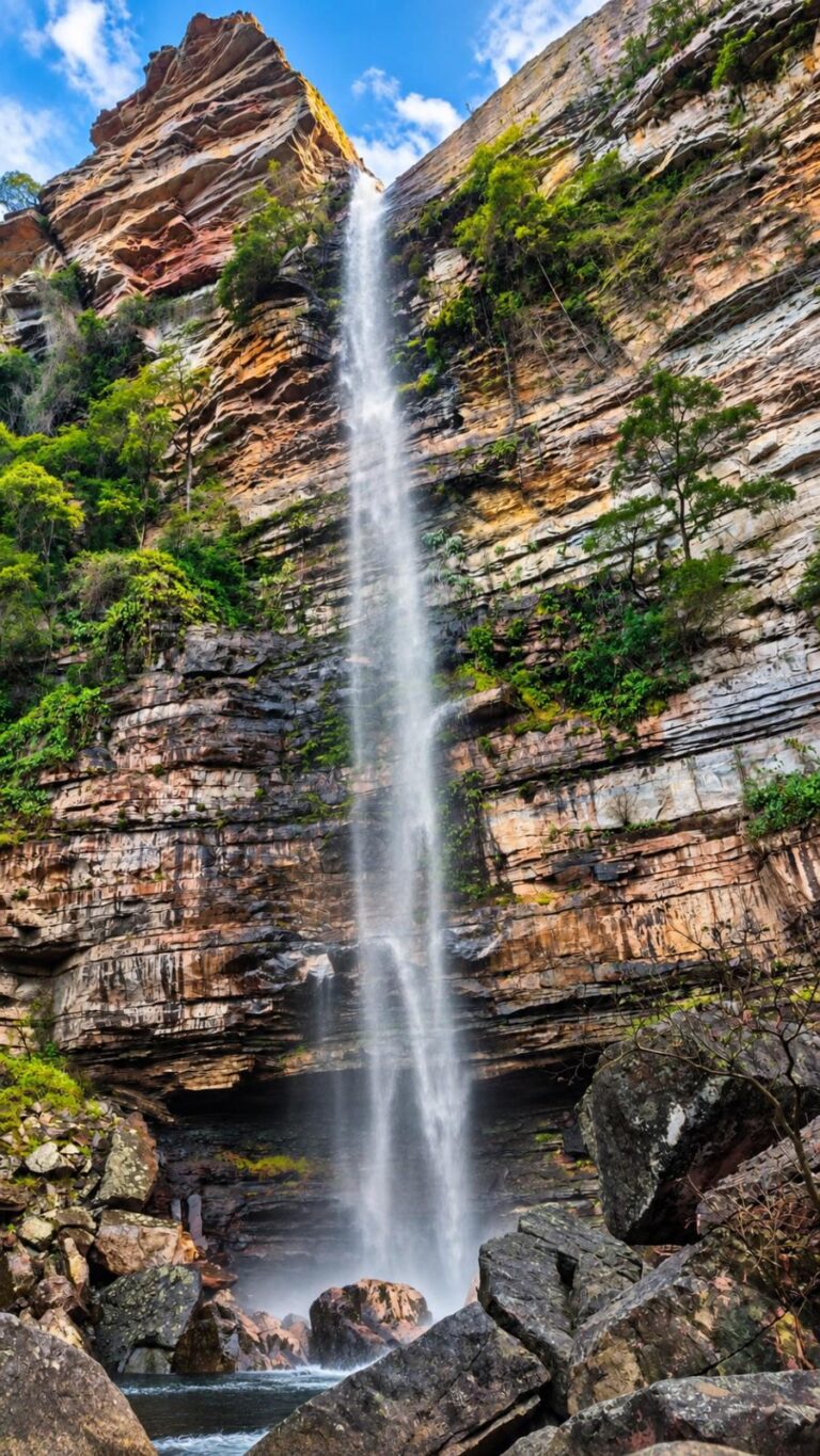 Queda fina da Cachoeira do Ventura descendo uma parede alta de pedra em camadas