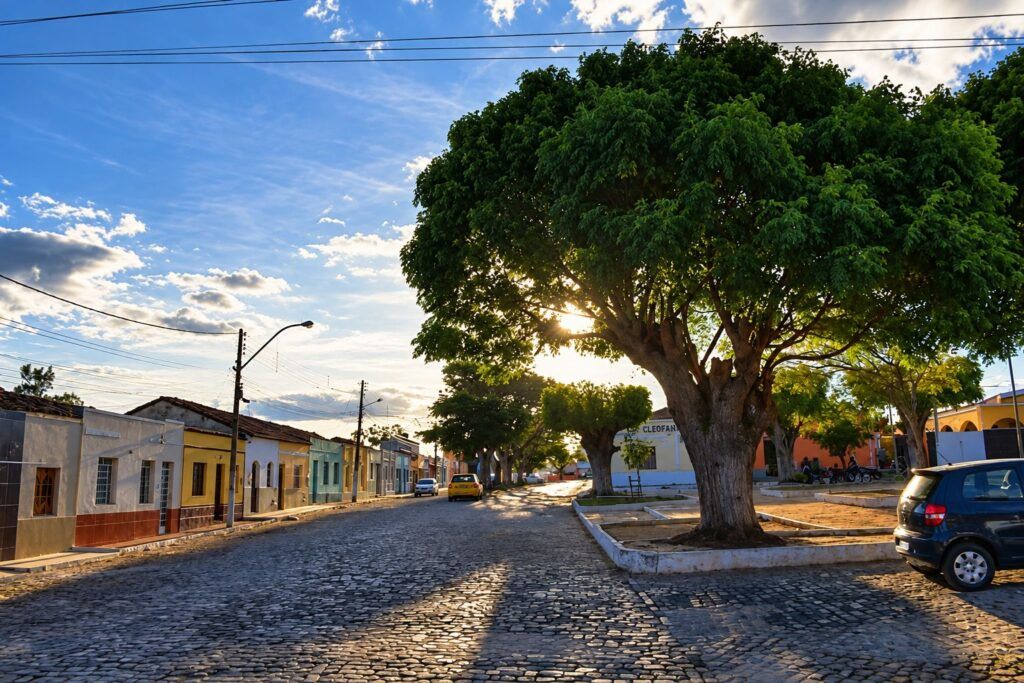 Rua do centro com casario colorido, calçamento de pedra e uma grande árvore, em Morro do Chapéu