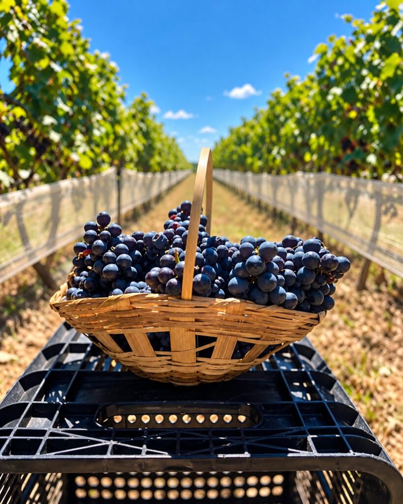Cesto de uvas tintas colhidas no vinhedo da Vinícola Vaz
