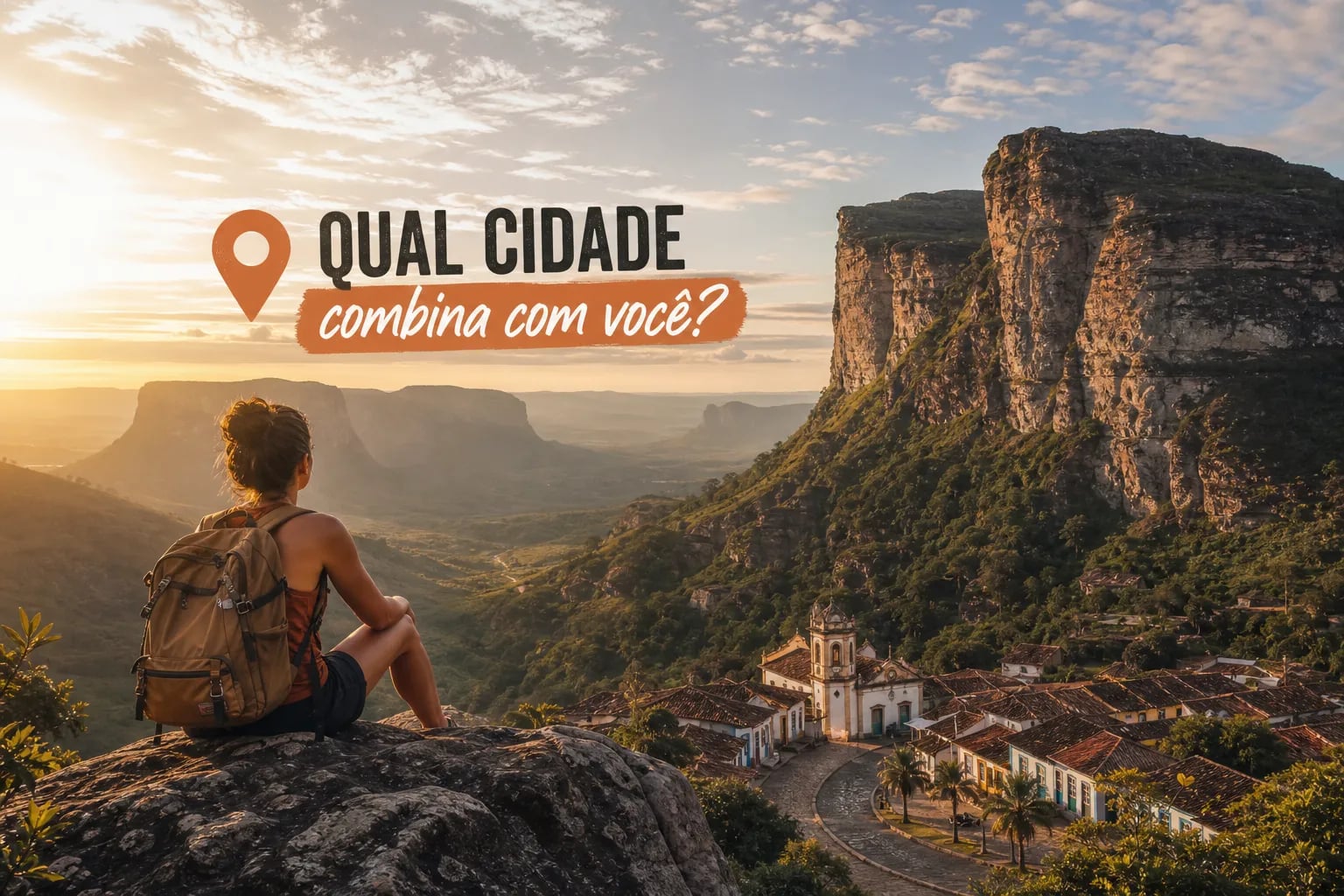 Viajante com mochila sentada numa pedra ao pôr do sol, olhando um vilarejo e os paredões de uma das cidades da Chapada Diamantina