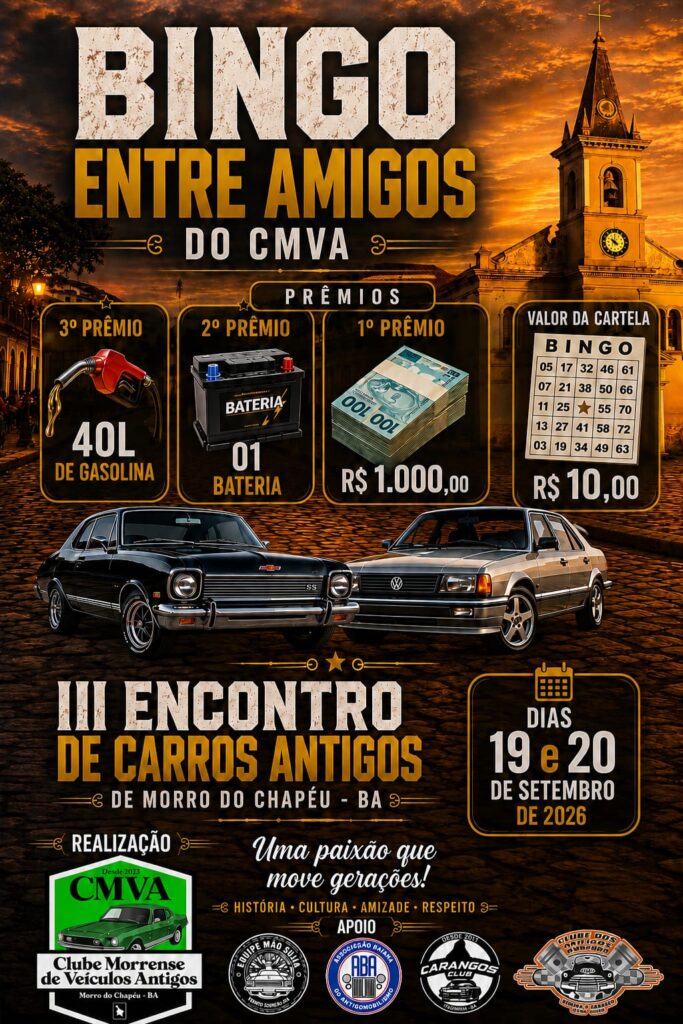 Cartaz do Bingo entre Amigos do CMVA no Encontro de Carros Antigos de Morro do Chapéu