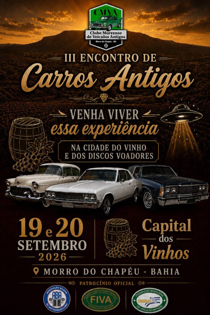 Cartaz do III Encontro de Carros Antigos de Morro do Chapéu, 19 e 20 de setembro de 2026