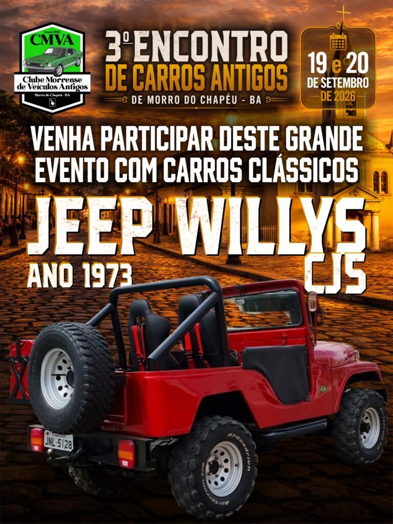 Jeep Willys CJ5 1973 vermelho, clássico no Encontro de Carros Antigos de Morro do Chapéu