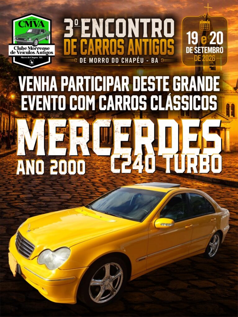 Mercedes C240 Turbo 2000 amarela no Encontro de Carros Antigos de Morro do Chapéu