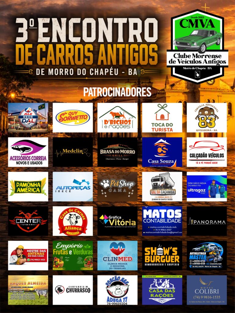 Patrocinadores do III Encontro de Carros Antigos, com os comércios de Morro do Chapéu que apoiam o evento