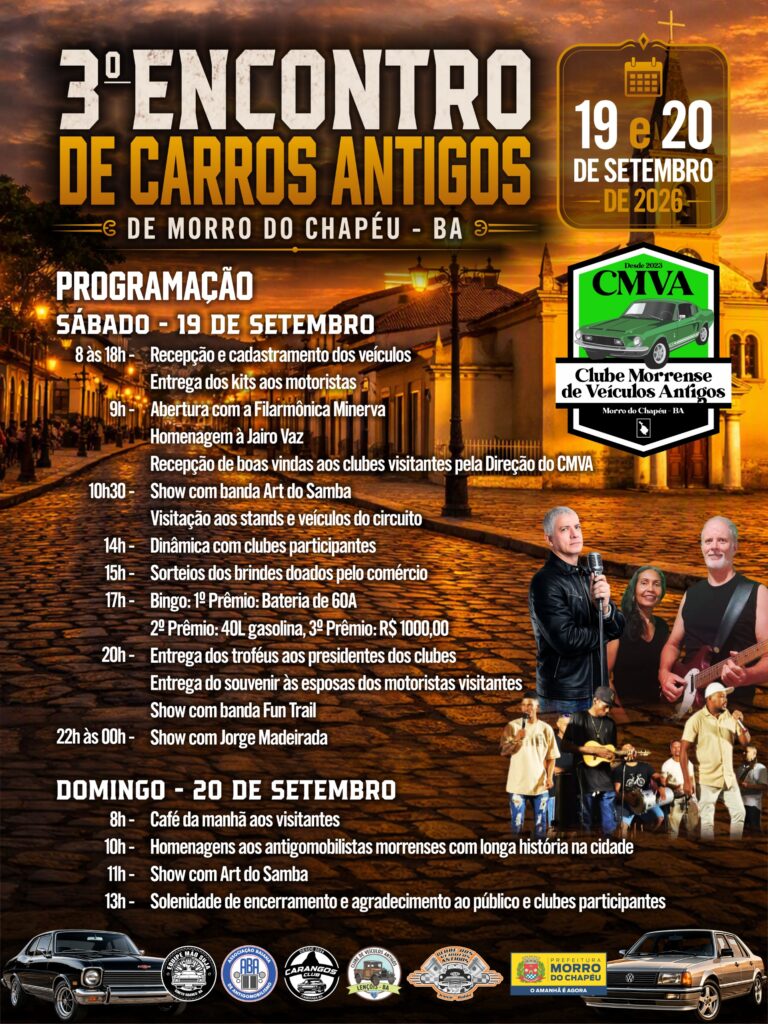 Programação completa do III Encontro de Carros Antigos de Morro do Chapéu, sábado e domingo