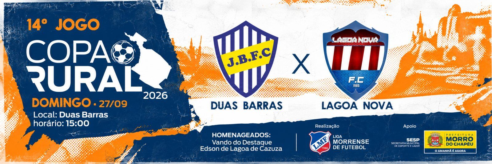 Banner do 14º jogo da Copa Rural 2026, Duas Barras x Lagoa Nova, em Duas Barras, domingo, 27 de setembro, às 15h