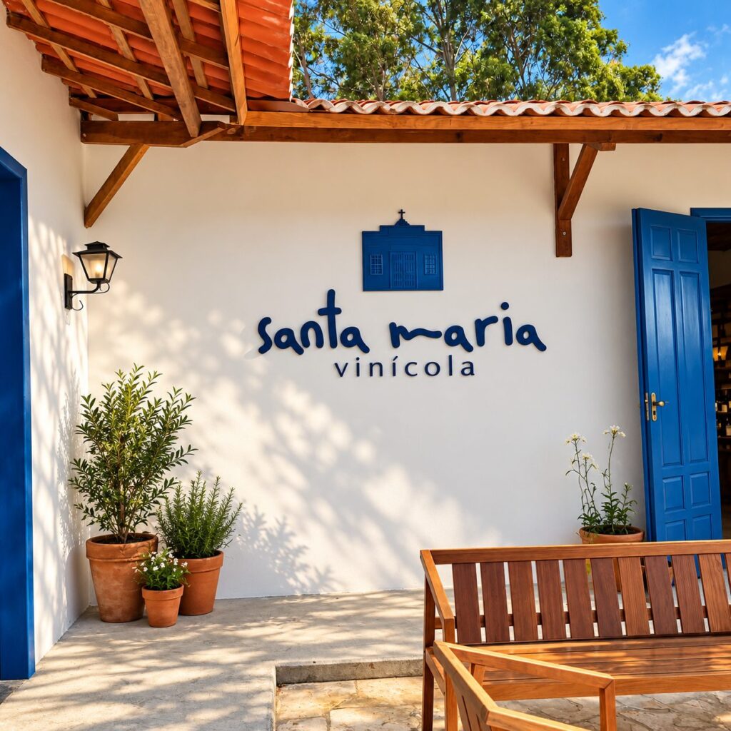 Fachada da Vinícola Santa Maria, com o logo na parede