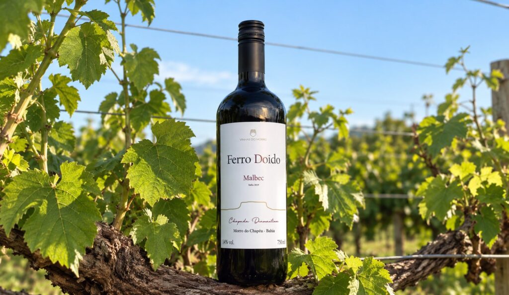 Garrafa do Ferro Doido Malbec sobre a videira, no vinhedo da Vinícola Vaz