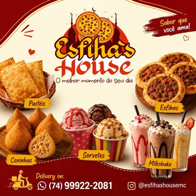 Cardápio da Esfiha's House: pastéis, esfihas, coxinhas, sorvetes e milkshakes