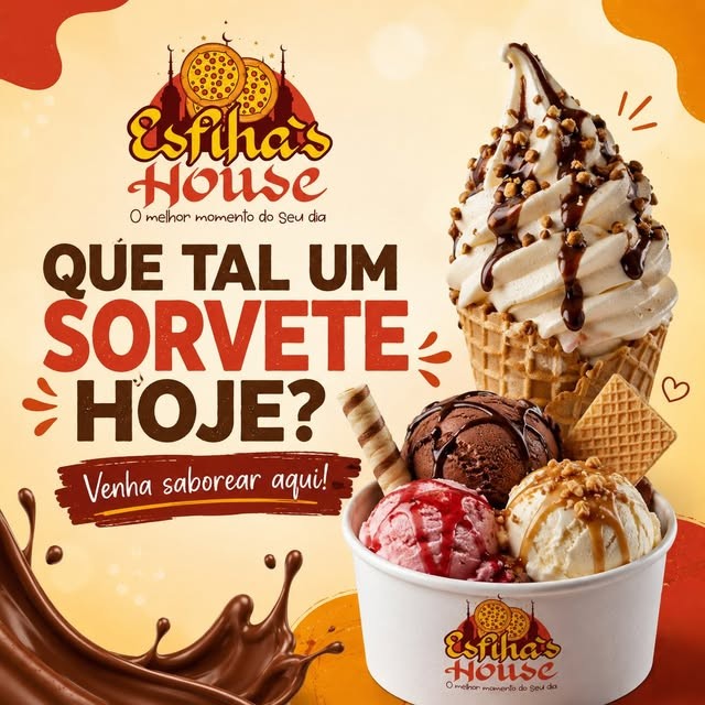 Sorvete de casquinha e taça com três bolas na Esfiha's House