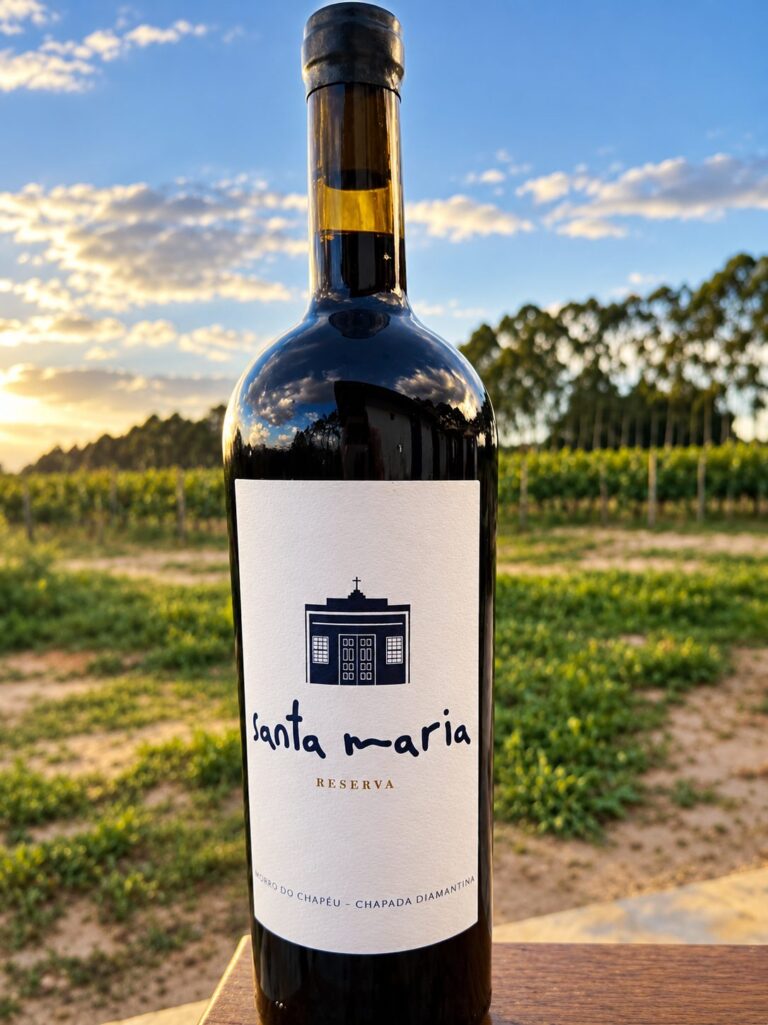 Garrafa de vinho Santa Maria no vinhedo, ao pôr do sol