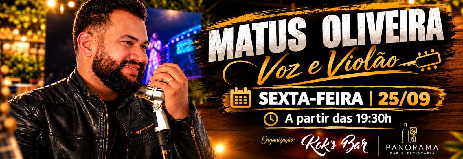 Banner do show de Matus Oliveira, voz e violão, na sexta-feira, 25 de setembro de 2026, a partir das 19h30