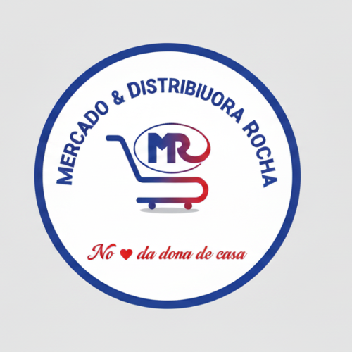 Logotipo circular do Mercado e Distribuidora Rocha com carrinho de compras e slogan
