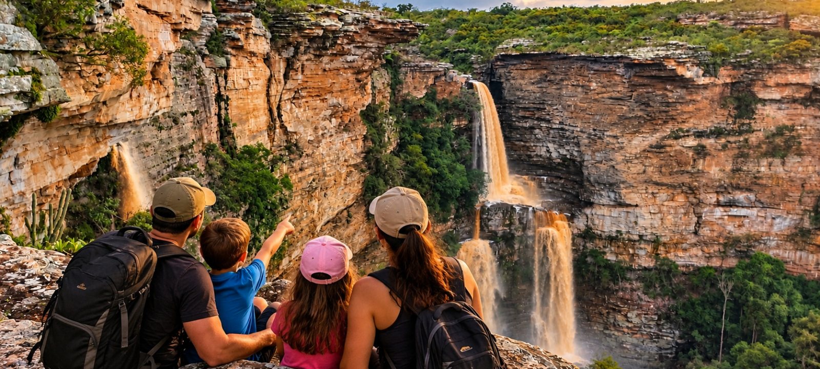 Pai, mãe e duas crianças sentados no mirante olhando a Cachoeira do Ferro Doido, em Morro do Chapéu, no fim da tarde