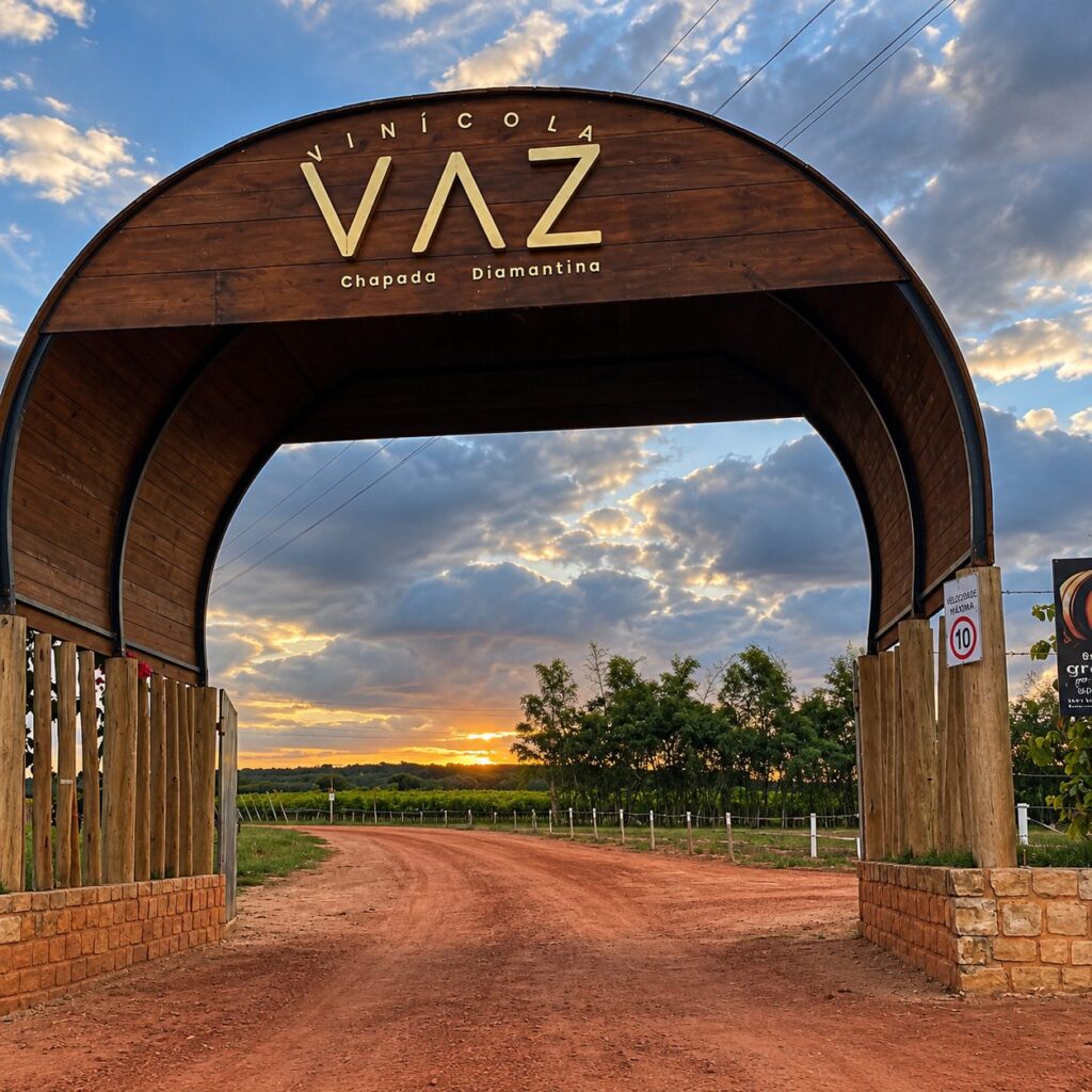 Pórtico de madeira com o nome Vaz na entrada da vinícola, ao entardecer