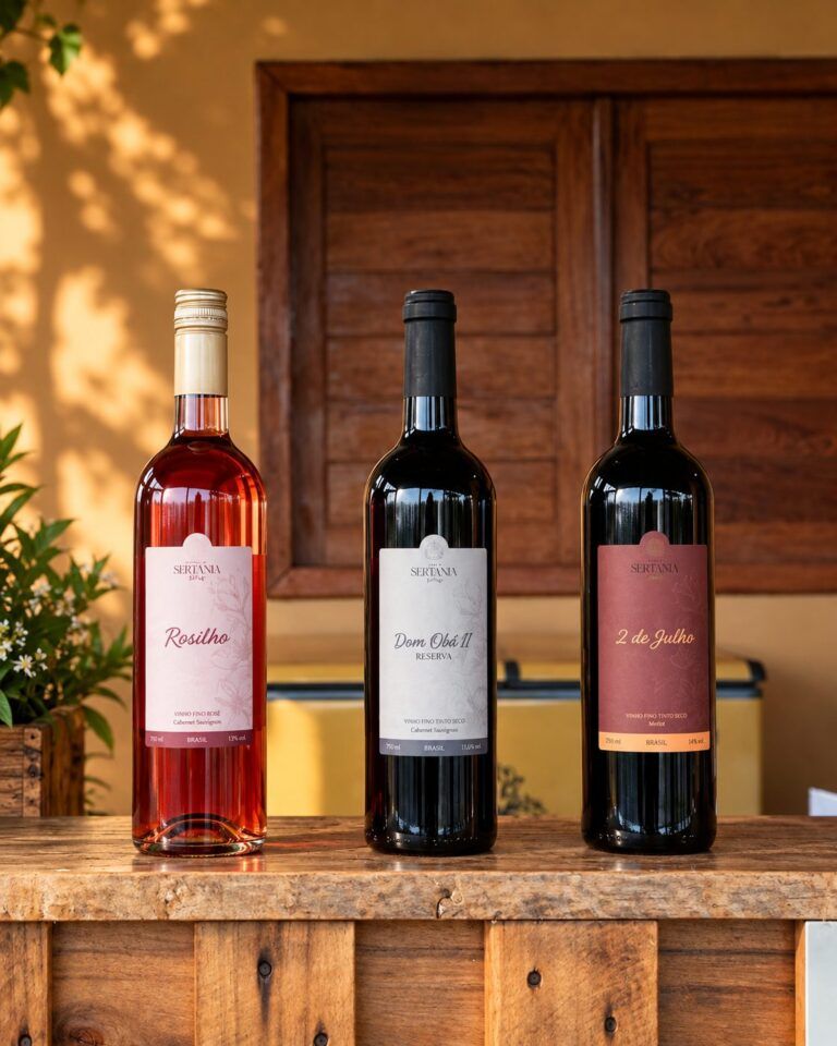 Garrafas dos vinhos Rosilho, Dom Obá II Reserva e 2 de Julho, da Sertania, sobre um balcão de madeira