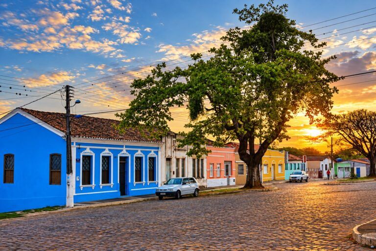 Casario colorido da Rua do Padre Juca, em Morro do Chapéu, ao pôr do sol