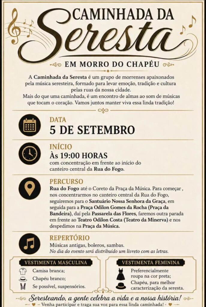 Cartaz da Caminhada da Seresta: 5 de setembro, as 19h, saida da Rua do Fogo