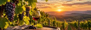 Taça de vinho tinto sobre um barril, diante do vinhedo ao pôr do sol