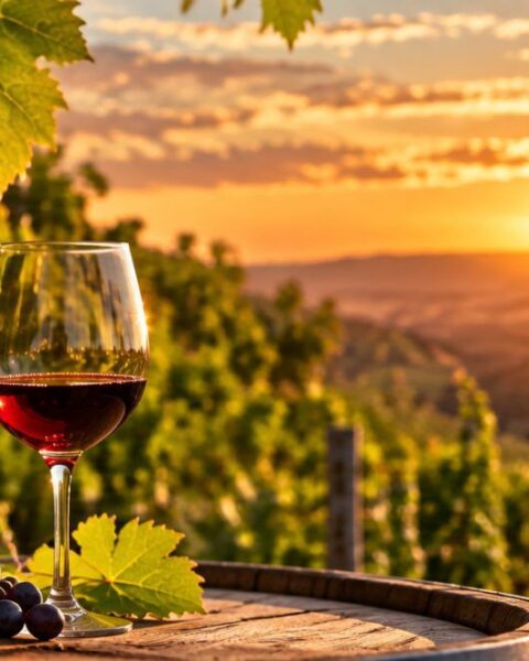 Taça de vinho tinto sobre um barril, diante do vinhedo ao pôr do sol