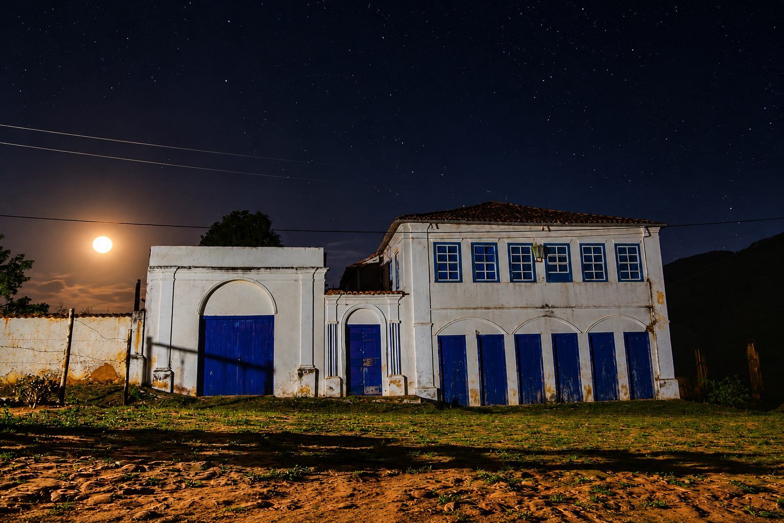 Casarão de dois andares da Vila do Ventura, em Morro do Chapéu, à noite, com a lua baixa no céu