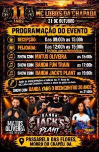 Programação do dia 31 de outubro dos 11 anos do MC Lobos da Chapada, na Passarela das Flores, com Matus Oliveira, Fun Train, Jack's Plant e Banda Yang