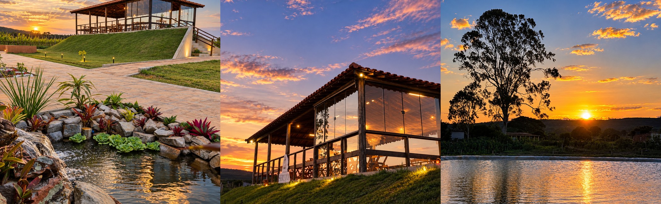 Fachada de restaurante com vista para o pôr do sol e jardim com lago